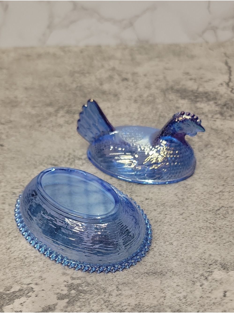 Blue Carnival Glass Hen on a nest - Picture 6 of 9